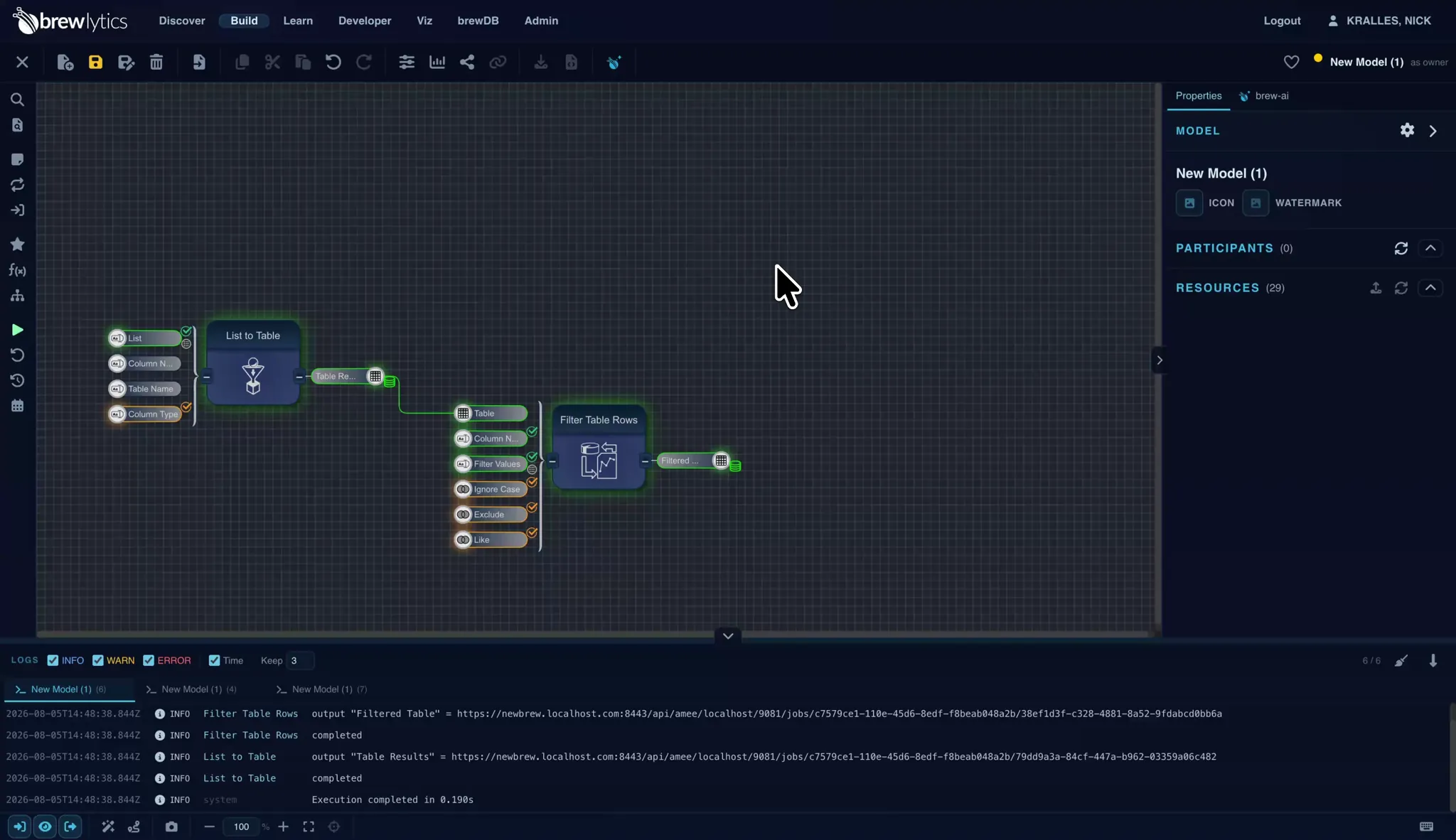 The Count Table Rows functional wired in, showing the numeric result