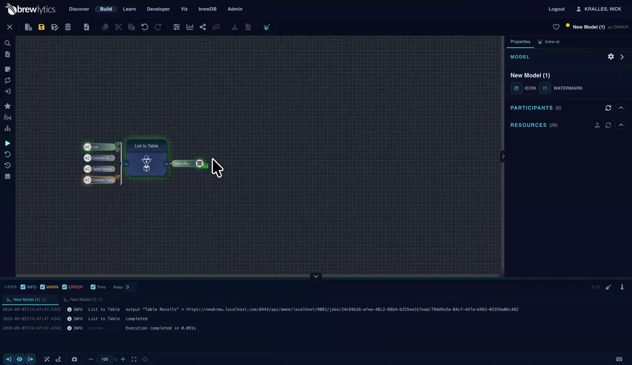 The Filter Table Rows functional wired to List to Table's output, required-input triangles visible