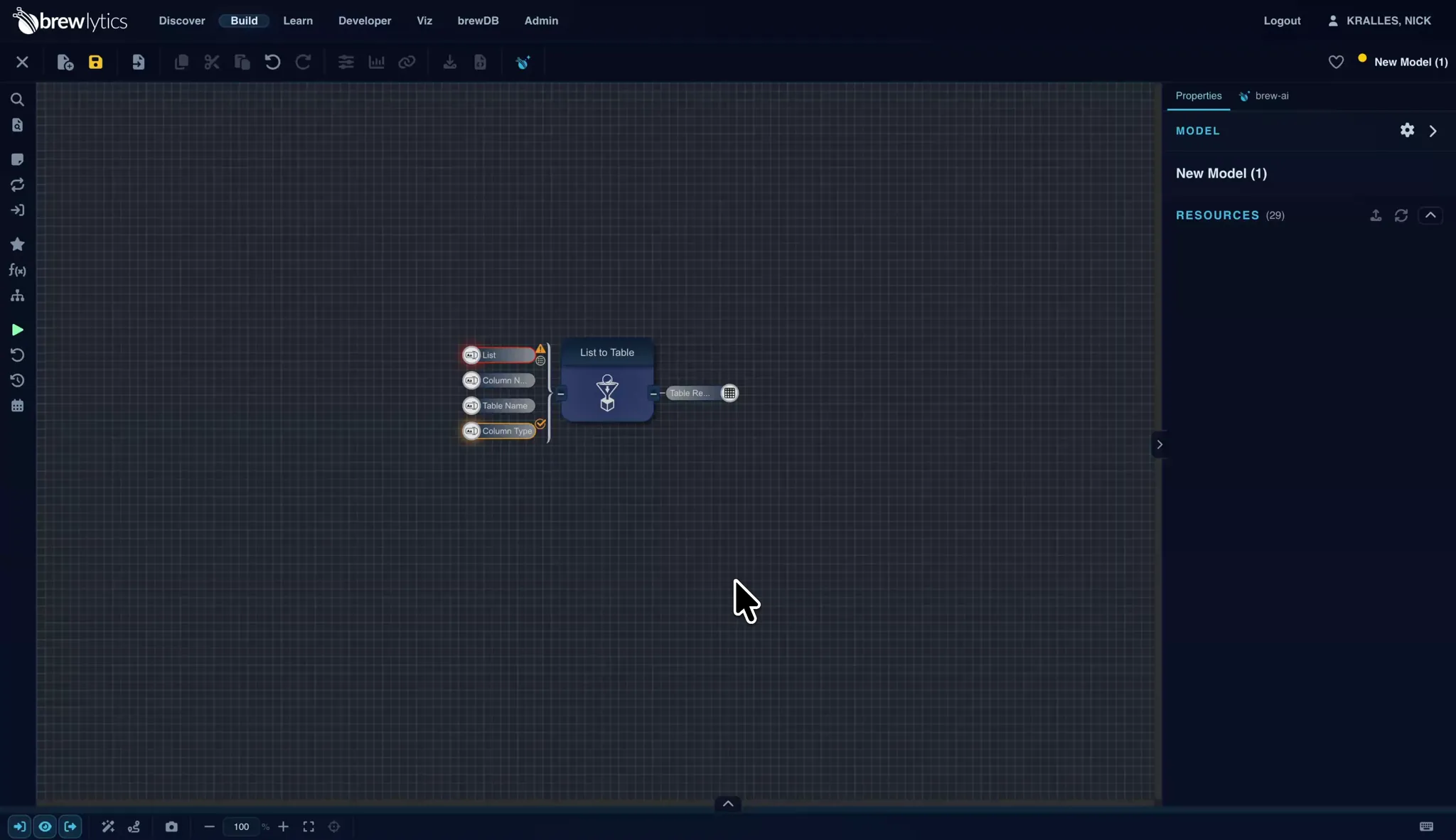 The List to Table functional's properties pane with the list input filled in (a, b, c, d)
